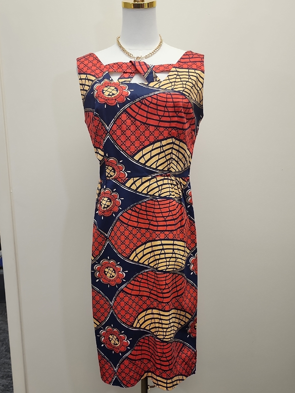 Trashy Diva Red Navy Print Sheath Dress Midi Fitted Retro Size Small